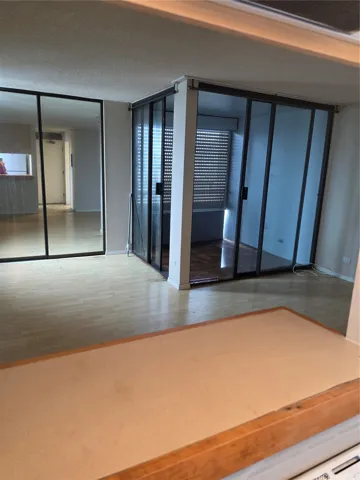 Looking at covered lanai with mirrored closet doors at left