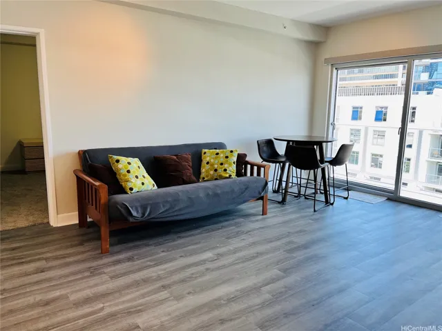Living room: Futon couch & dining table seating 4