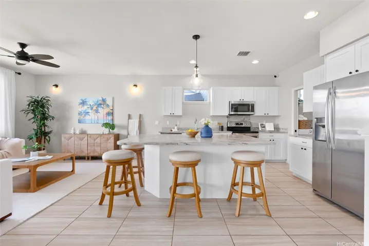 A kitchen island designed for hosting and entertaining.