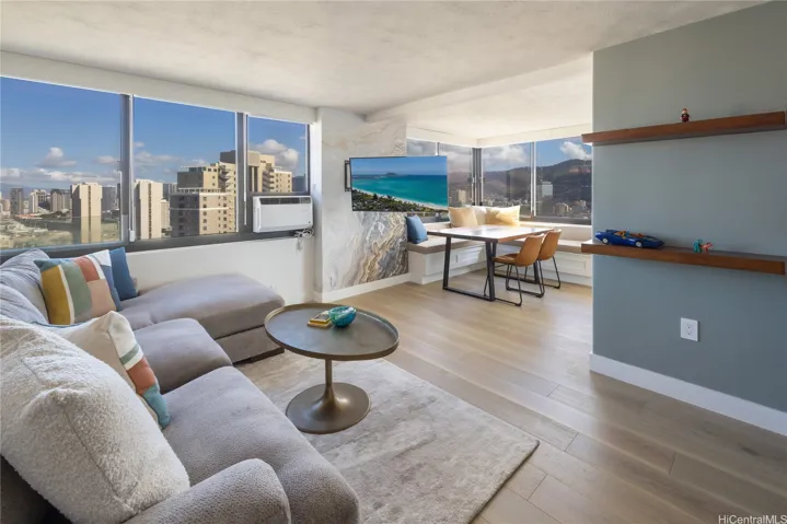 Spacious living space designed for comfort and entertaining. TV on a swivel mount .