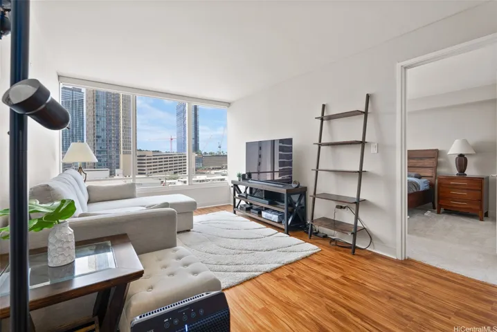 Bedrooms are thoughtfully positioned on opposite sides of the living area, providing added privacy and separation.