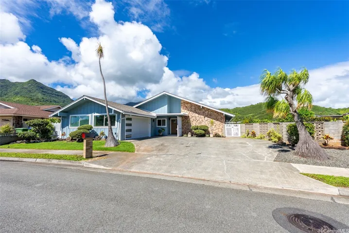 Single level home with mountain and lake view.