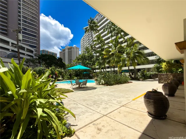 View from the open air lobby to the heated saltwater pool