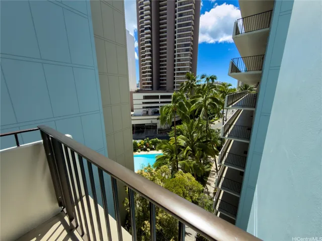 View from the 8th floor elevator overlooking the pool