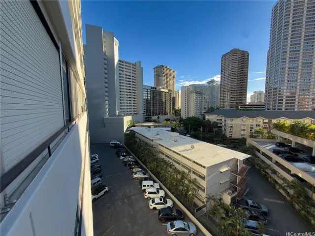 City view from the back lanai overlooking the upper parking lot deck