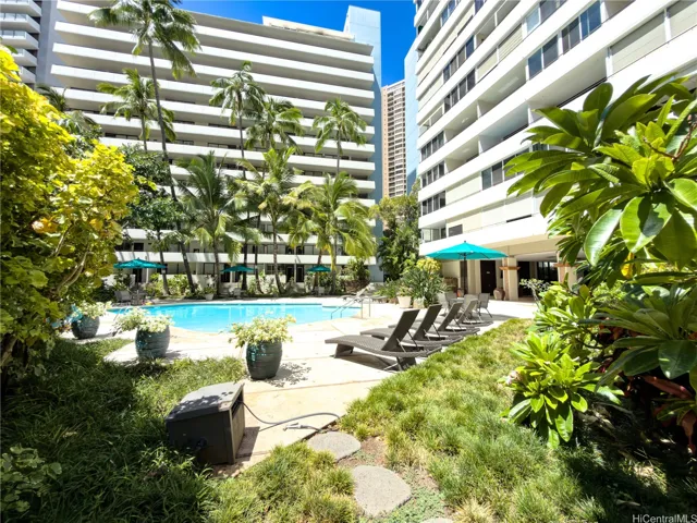 Full view of the pool looking to the B building and right side A building