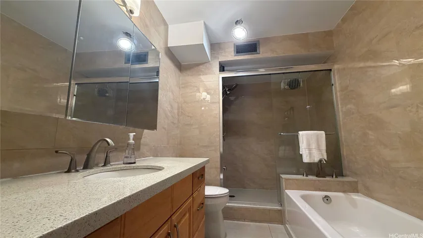 Full tub and shower in the hallway bathroom