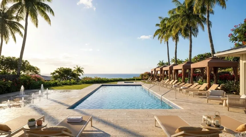 Breathtaking ocean views from the resort pool with five cabanas, hot tub, and a splash pad