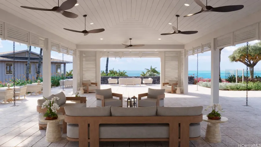 Open-air pool clubhouse provides rest and relaxation in the shade with wonderful ocean views.