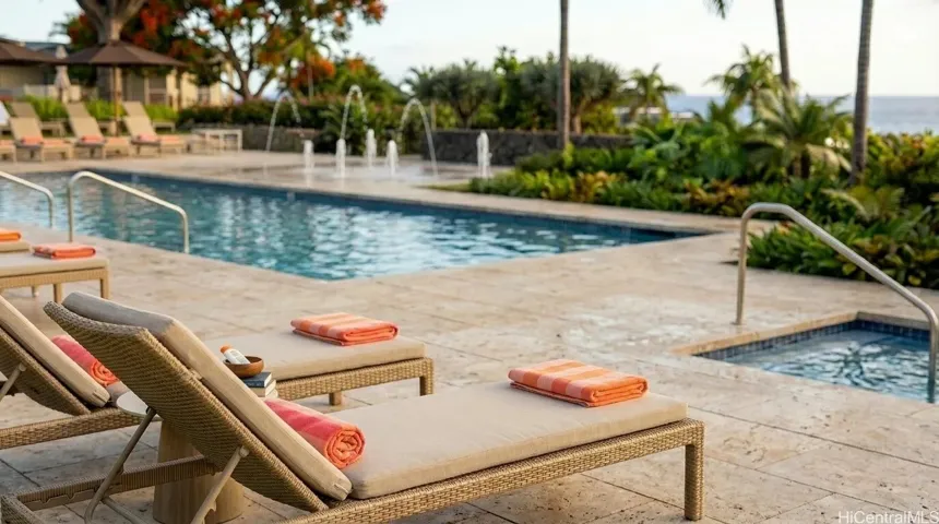 Breathtaking ocean views from the resort pool with five cabanas, hot tub, and a splash pad