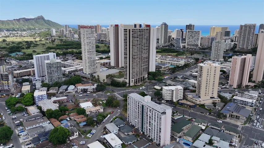 An aerial view of Terrace Towers looking out toward Diamond Head.