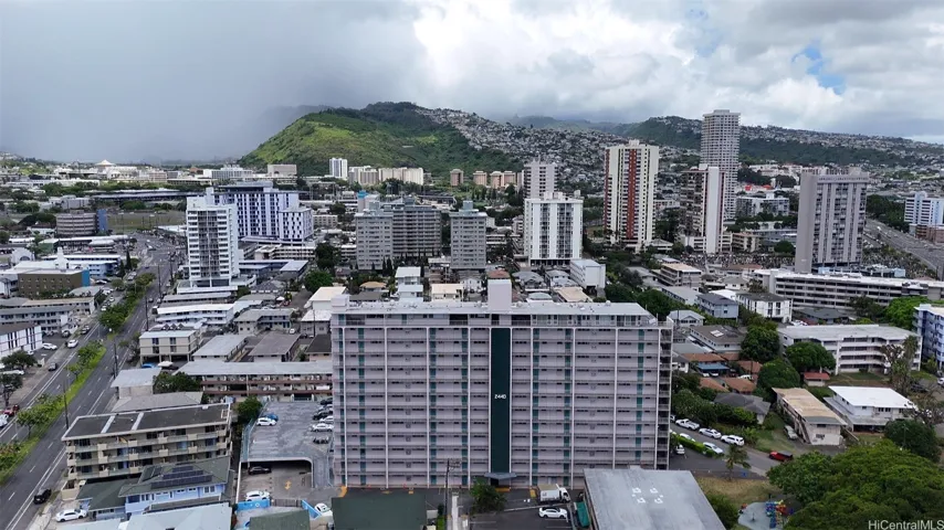 An aerial view of Terrace Towers looking into Manoa Valley
