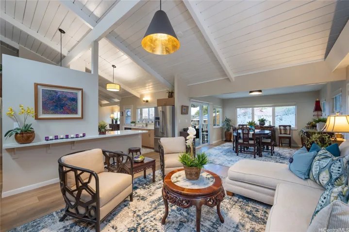 Vaulted ceilings throughout the living and kitchen areas adds incredible volume to the feeling of the rooms.