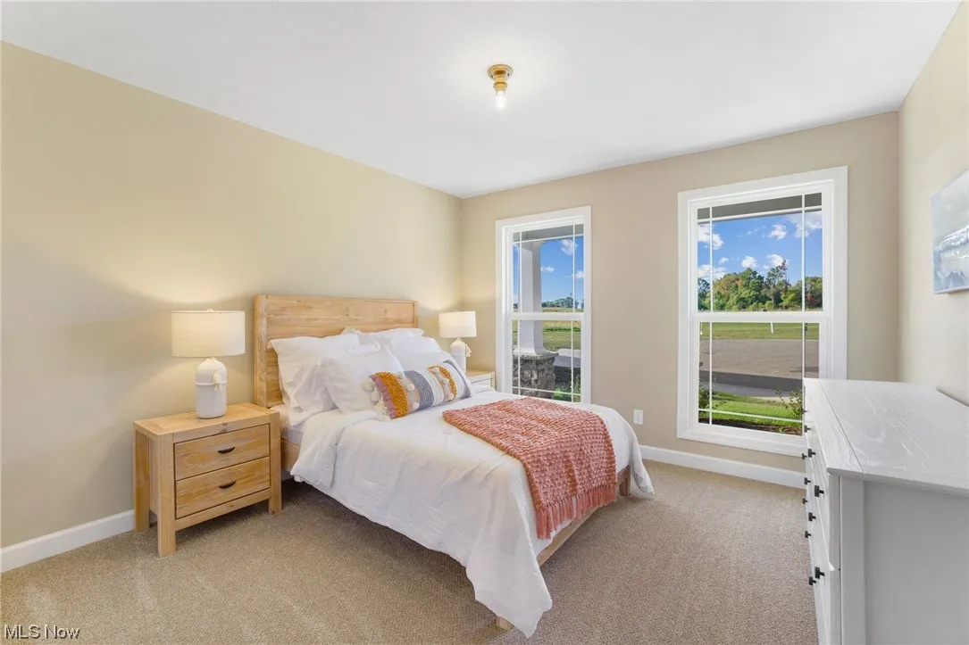 Bedroom featuring light carpet