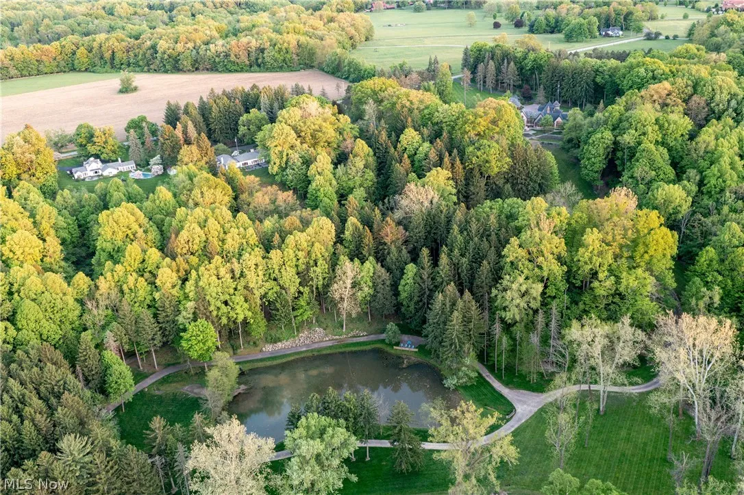 Birds eye view of property with a water view
