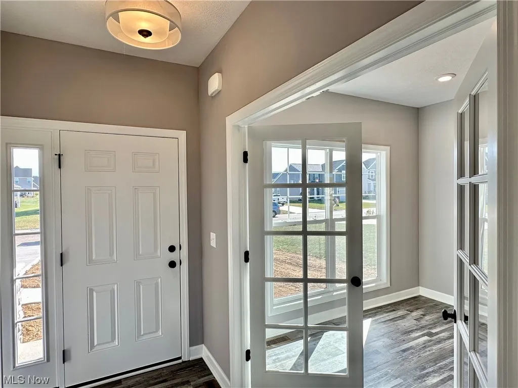 Foyer entrance featuring dark hardwood / wood-style floors and french doors
