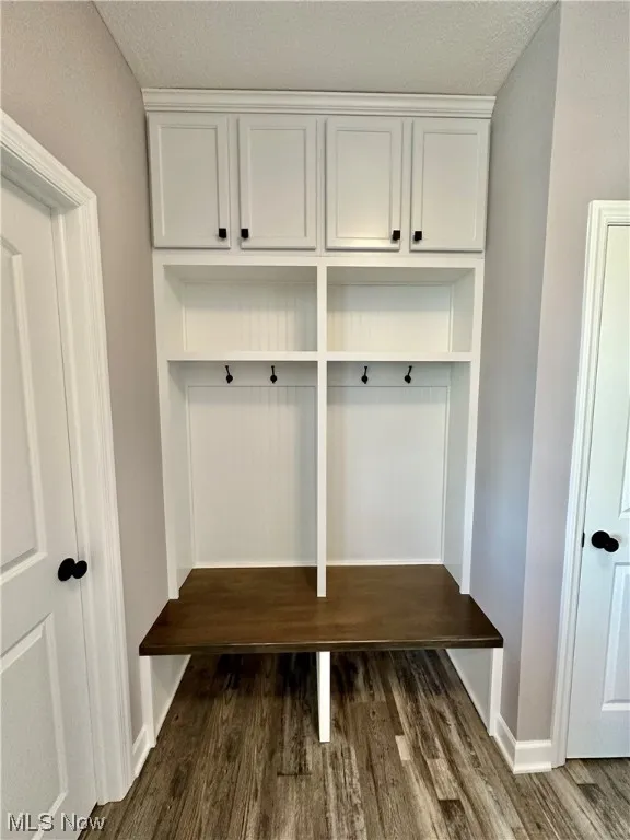 Mudroom featuring dark wood-type flooring and a textured ceiling