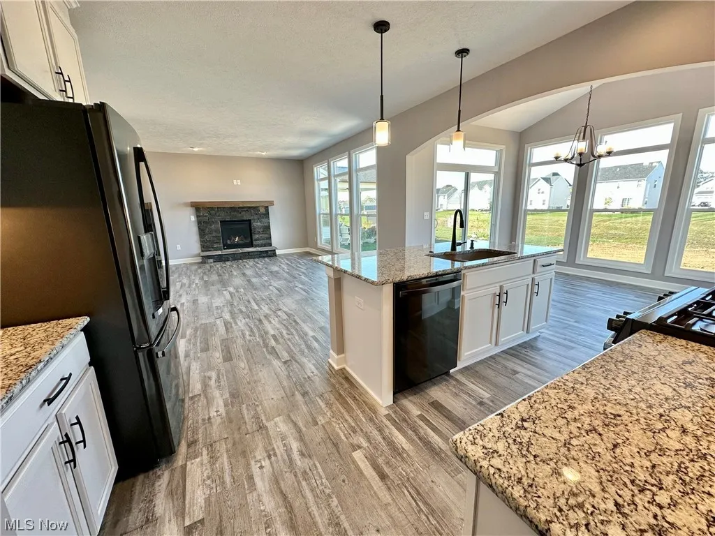 Kitchen with sink, hanging light fixtures, light wood-type flooring, black appliances, and white cabinetry
