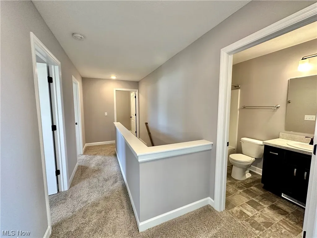 Corridor with dark carpet and sink