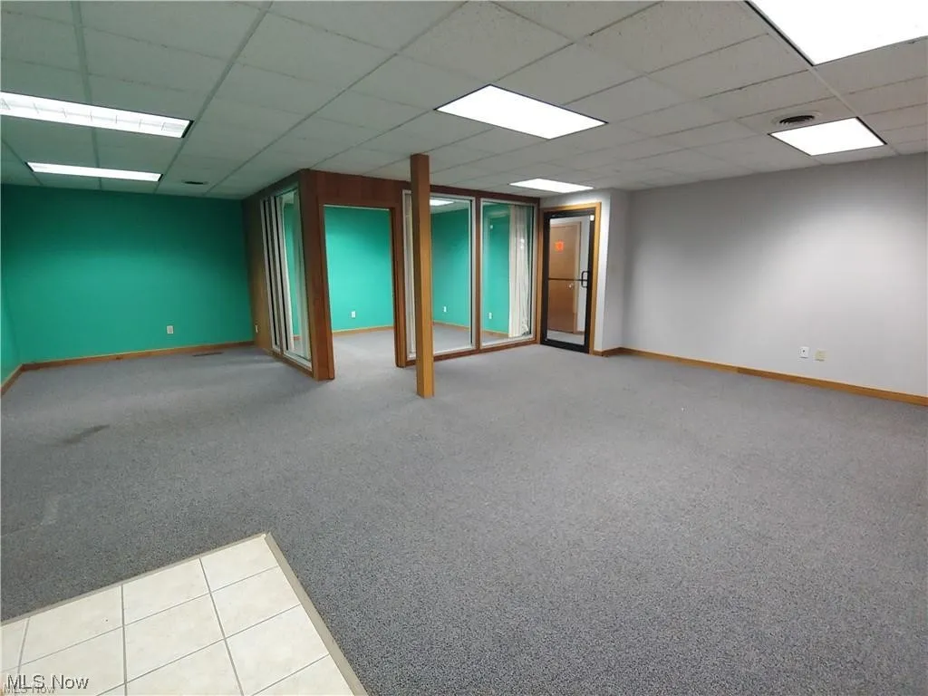 Basement featuring a drop ceiling and carpet