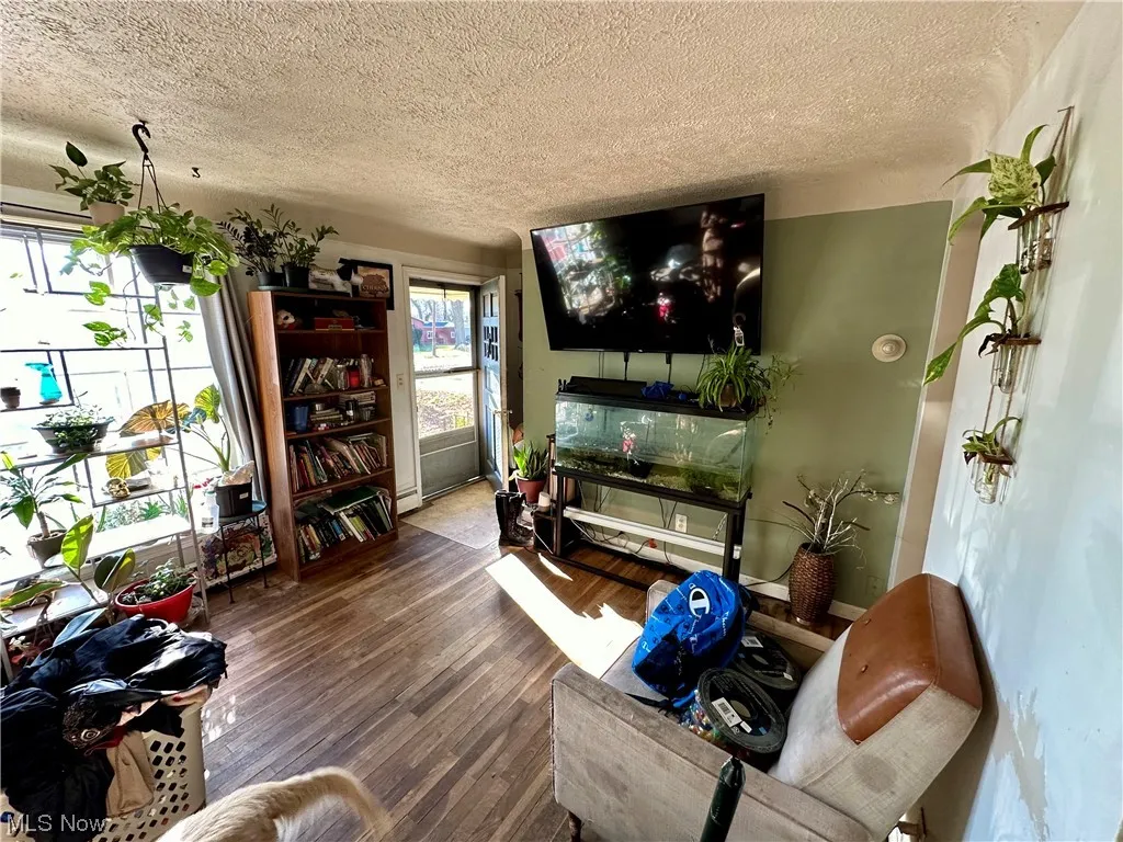 Living room featuring dark hardwood / wood-style flooring and a textured ceiling