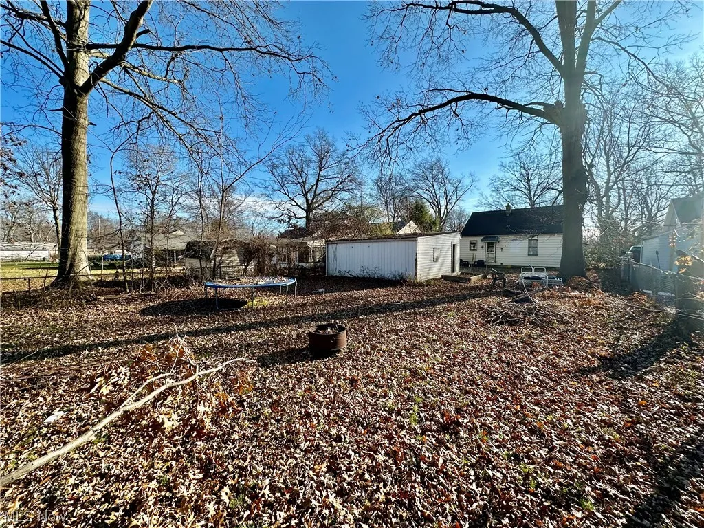 View of yard with an outdoor structure and a trampoline