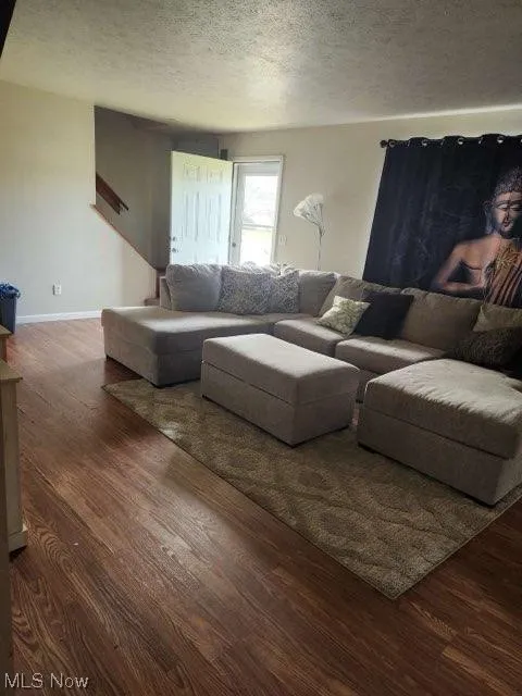 Living room featuring dark wood-type flooring and a textured ceiling