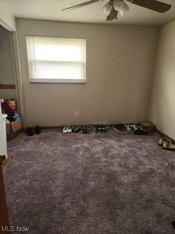 Empty room featuring ceiling fan and carpet