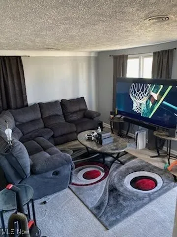 Living room with a textured ceiling and carpet floors