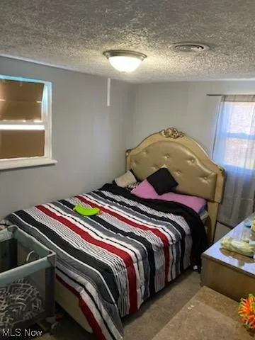 Bedroom with a textured ceiling and carpet