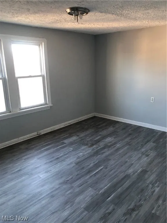 Unfurnished room featuring dark hardwood / wood-style floors, a textured ceiling, and a healthy amount of sunlight