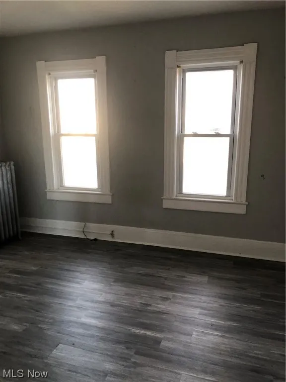 Empty room with dark hardwood / wood-style floors and plenty of natural light