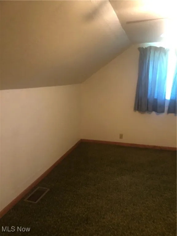 Bonus room with carpet floors, baseboards, visible vents, and vaulted ceiling