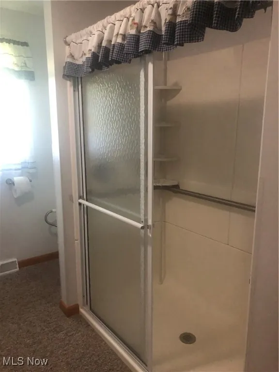 Full bathroom with a shower stall, visible vents, and baseboards