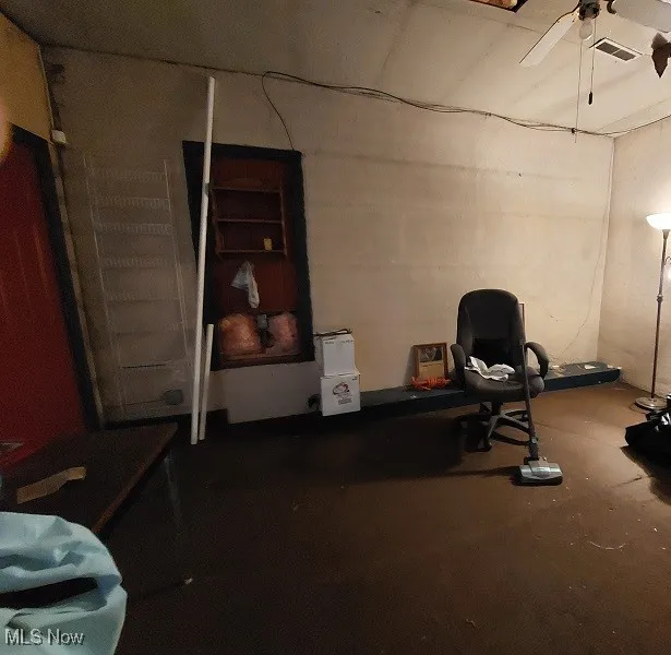 Basement with ceiling fan