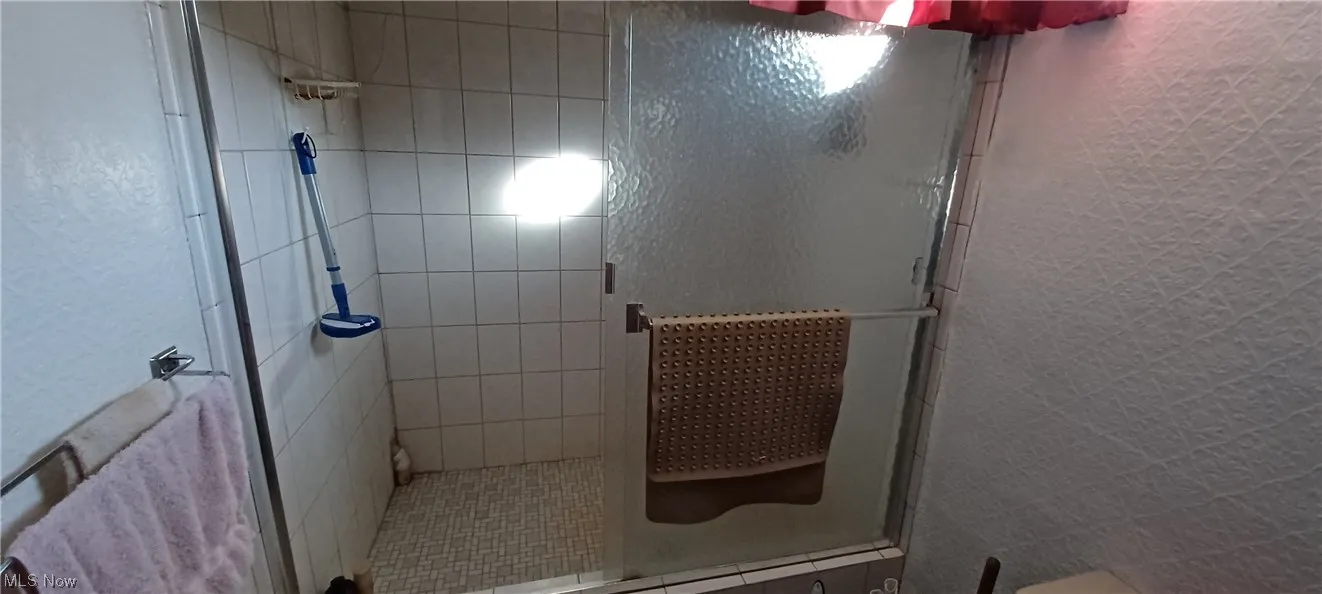 lower level Bathroom with a shower with shower door