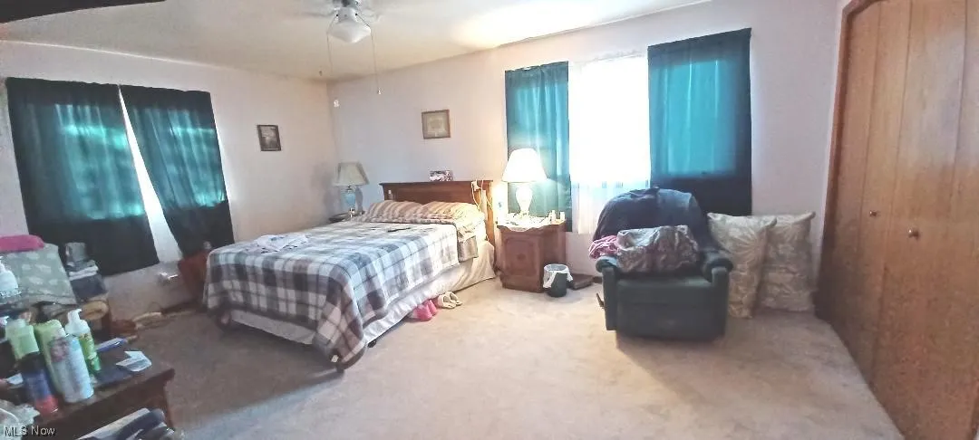 Carpeted bedroom with ceiling fan