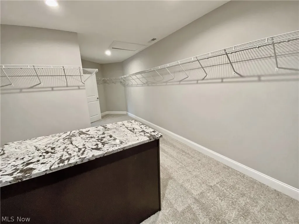Master walk in closet featuring light carpet and Island