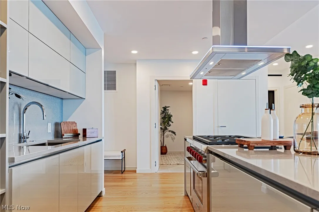 Kitchen featuring light stone counters, designer range, island exhaust hood, light wood-type flooring, and sink