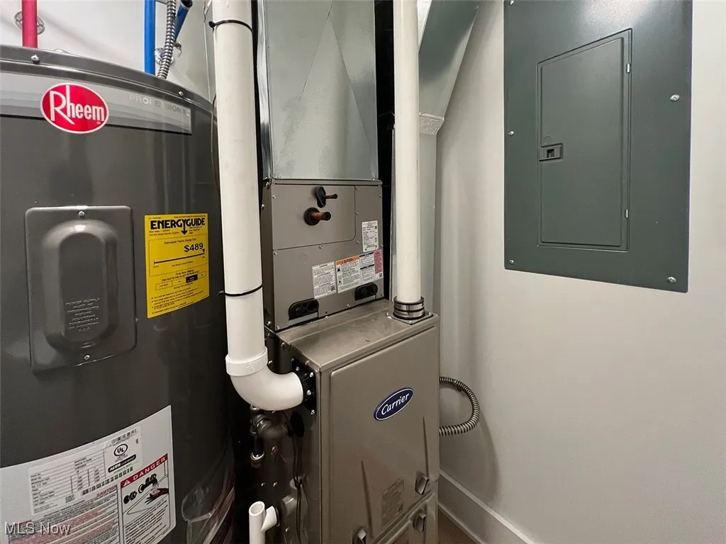 Utilities featuring electric water heater, electric panel, and heating unit