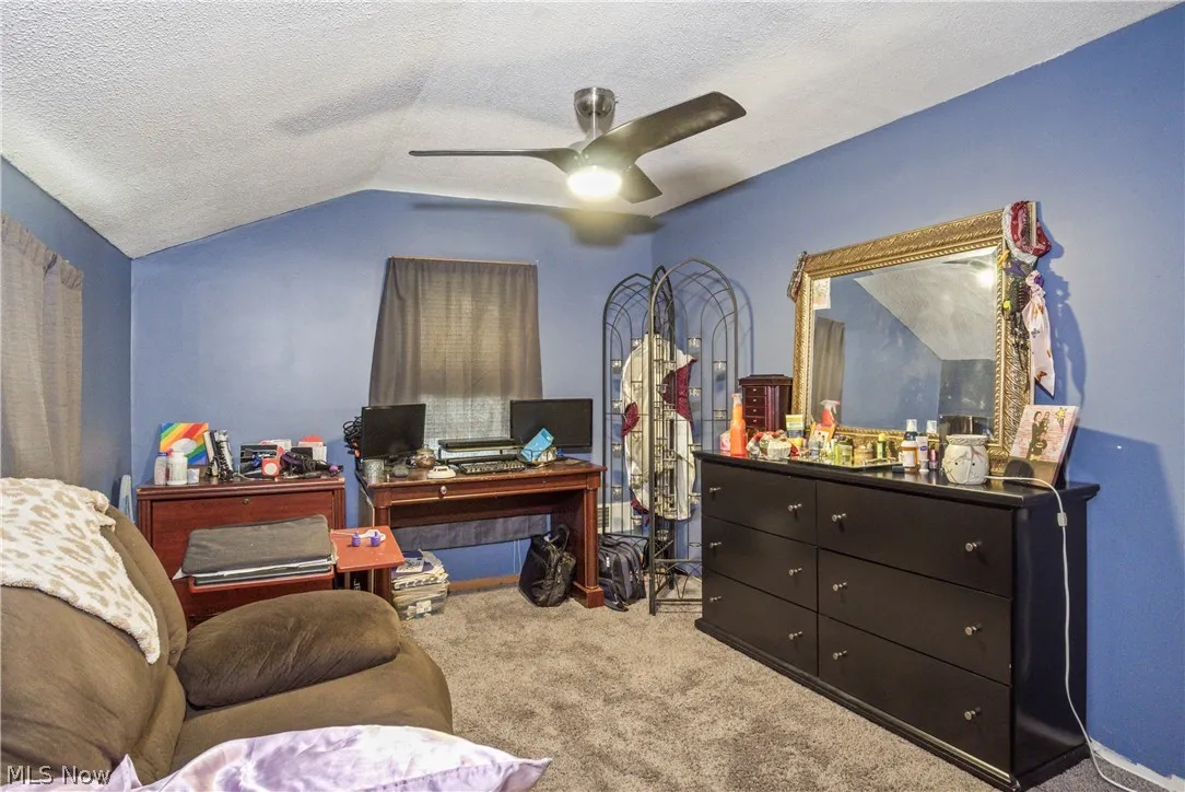 Carpeted office space featuring lofted ceiling, ceiling fan, and a textured ceiling