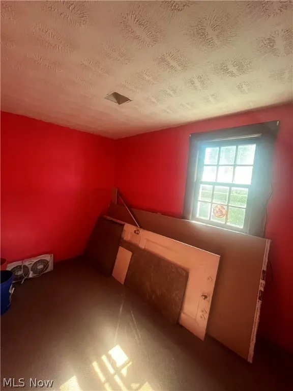 Unfurnished bedroom with a textured ceiling and carpet floors