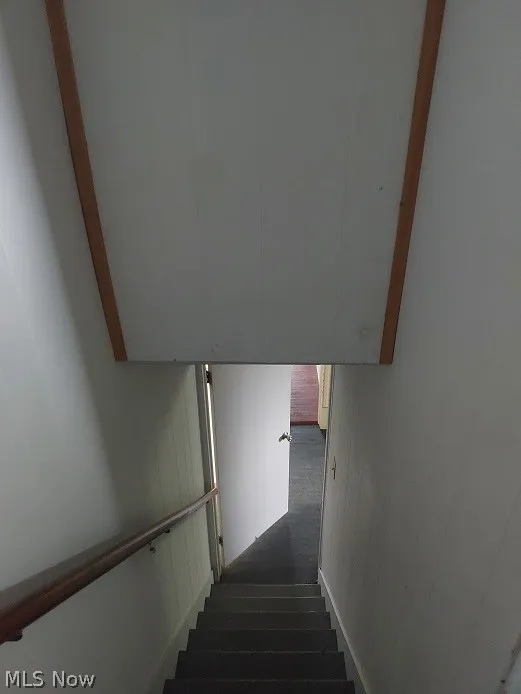 Stairs featuring dark hardwood / wood-style floors