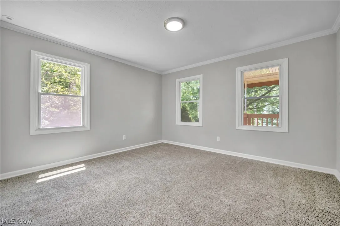 Carpeted bedroom with a healthy amount of sunlight and ornamental molding