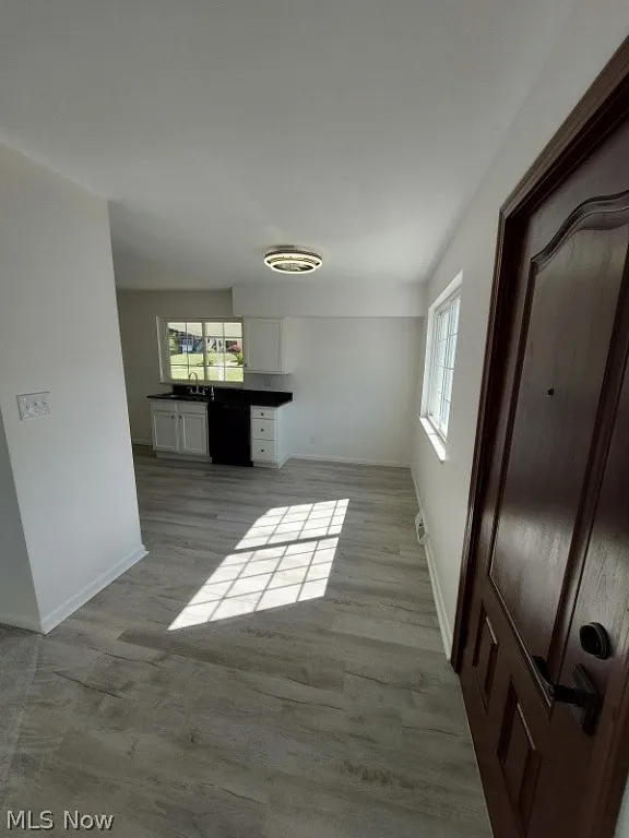 Unfurnished living room featuring sink and light hardwood / wood-style flooring