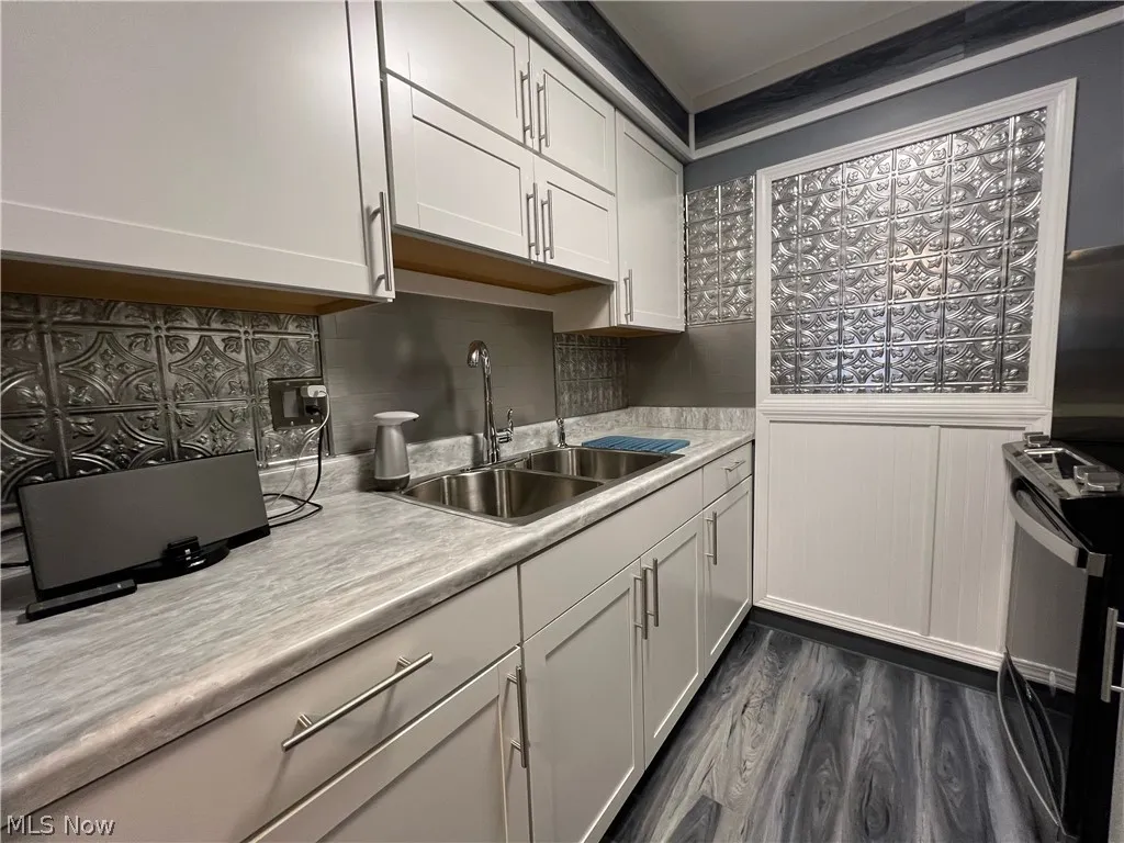 Kitchen featuring white cabinetry, crown molding, dark hardwood / wood-style flooring, decorative backsplash, and sink