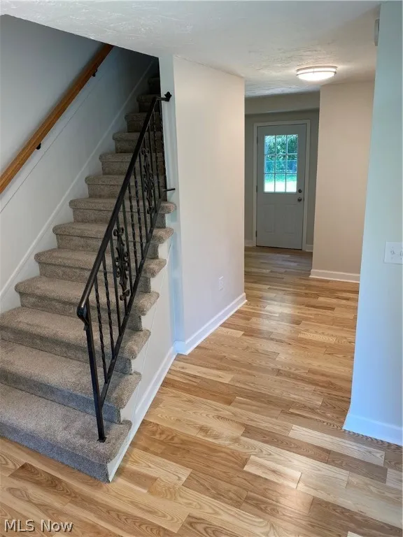 Staircase featuring light hardwood / wood-style floors