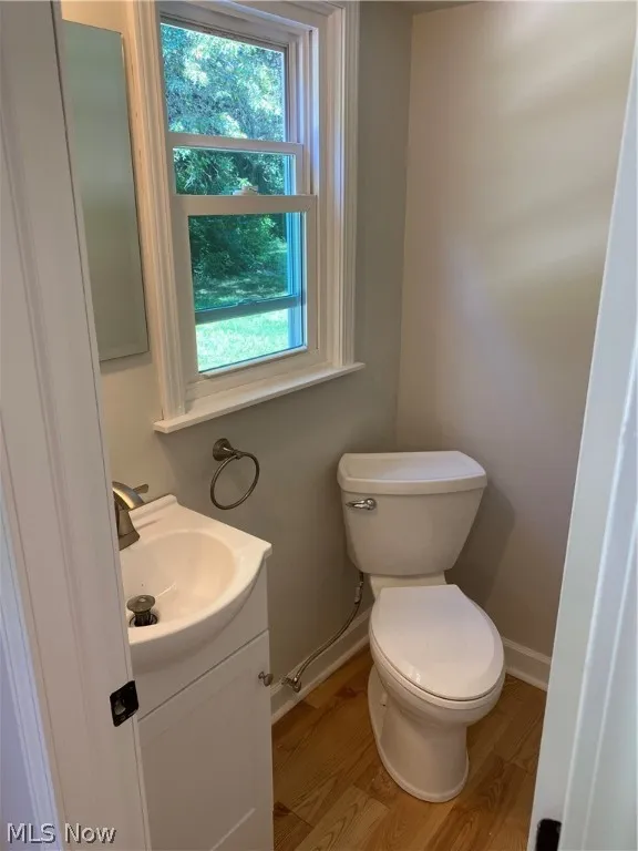 Bathroom featuring a wealth of natural light, vanity, hardwood / wood-style flooring, and toilet