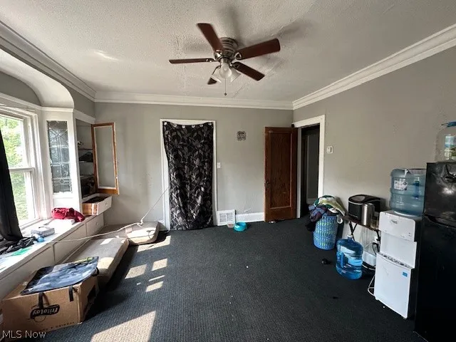 Office area featuring carpet, a textured ceiling, ceiling fan, and crown molding