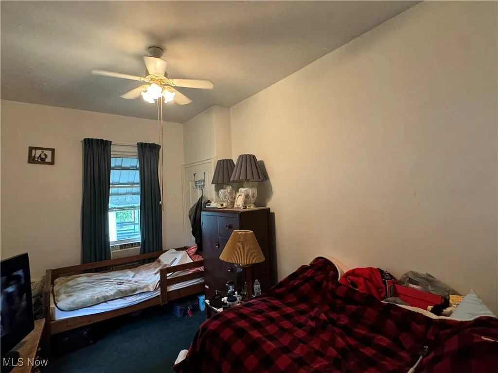 Carpeted bedroom with ceiling fan